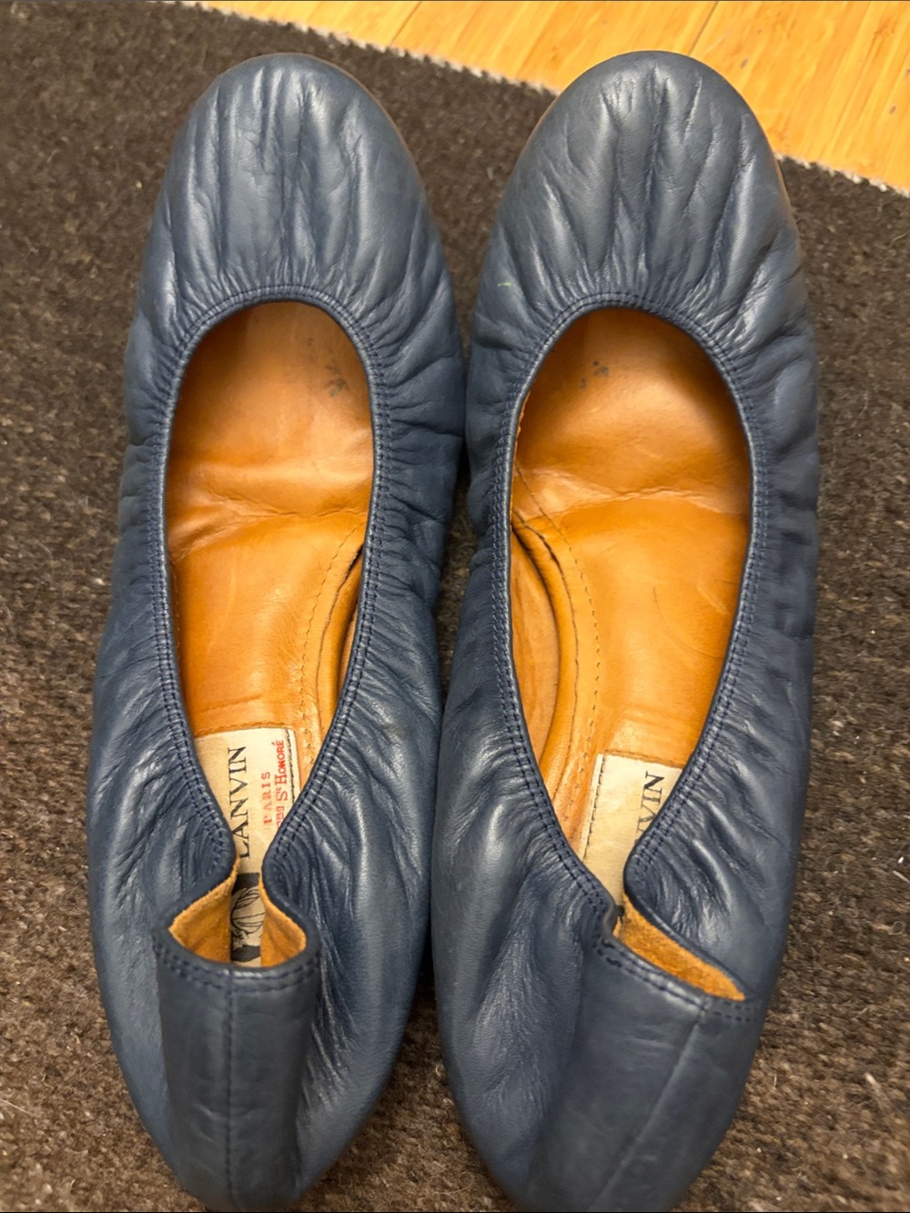 Lanvin Navy Gathered Leather Ballet Flats